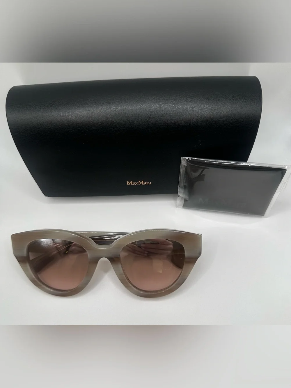 Max Mara Sunglasses Glimpse Cat Eye Taupe Beige Horn Frame Mirror Case New $260
